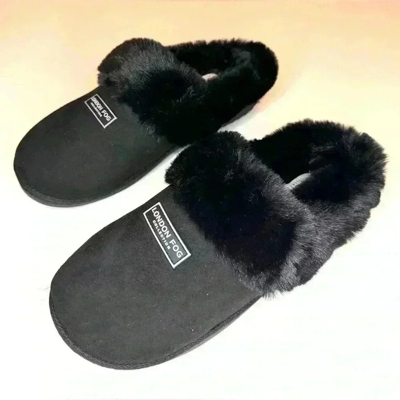 London Fog Womens JOSLYN FAUX FUR BLACK SLIPPERS (New Without Tags ) - Picture 3 of 7